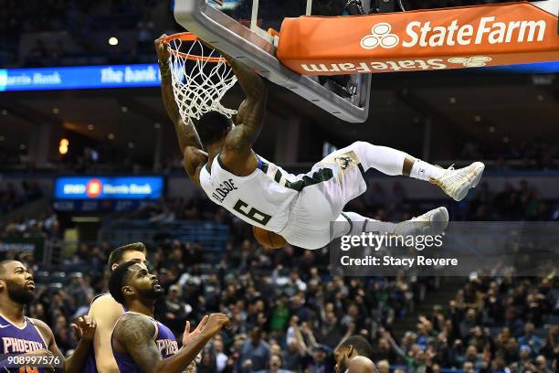 Eric Bledsoe of the Milwaukee Bucks dunks against the Phoenix Suns during the second half of a game at the Bradley Center on January 22, 2018 in...