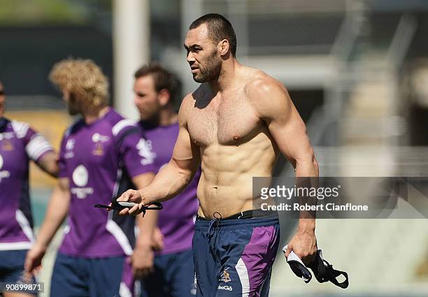 Wairangi Koopu of the Storm walks from the ground during a Melbourne Storm NRL training session at Visy Park on September 18, 2009 in Melbourne,...
