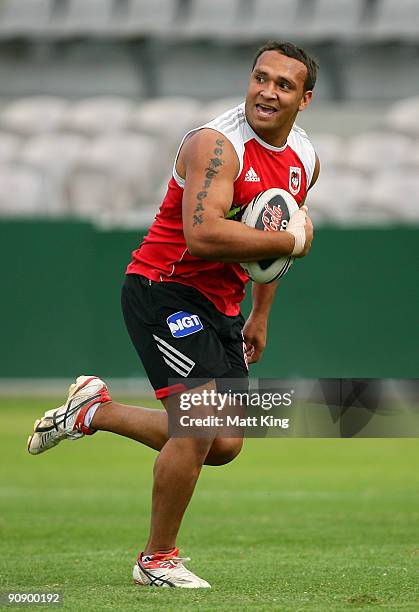 Neville Costigan runs with the ball during a St George Illawarra Dragons NRL training session held at WIN Jubilee Stadium on September 18, 2009 in...