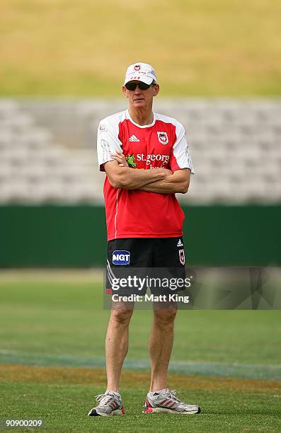 Dragons coach Wayne Bennett looks on during a St George Illawarra Dragons NRL training session held at WIN Jubilee Stadium on September 18, 2009 in...