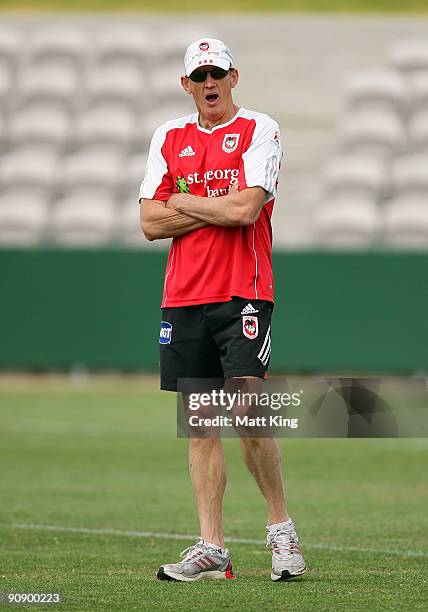 Dragons coach Wayne Bennett looks on during a St George Illawarra Dragons NRL training session held at WIN Jubilee Stadium on September 18, 2009 in...