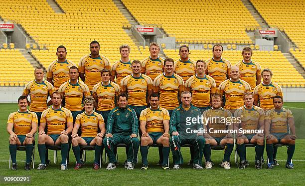 Wallaby players pose for a team shot during an Australian Wallabies Captain's run at Westpac Stadium on September 18, 2009 in Wellington, New Zealand.