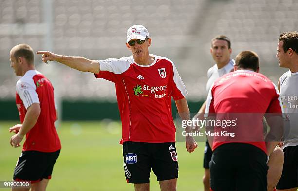 Dragons coach Wayne Bennett talks to players during a St George Illawarra Dragons NRL training session held at WIN Jubilee Stadium on September 18,...