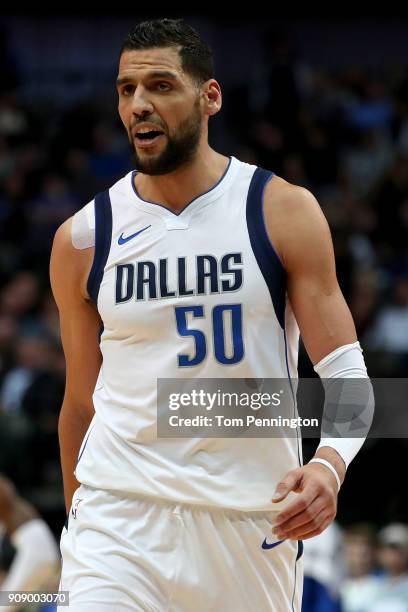 Salah Mejri of the Dallas Mavericks reacts to being charges with a technical and being ejected from the game against the Washington Wizards at...