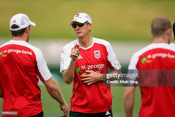 Dragons coach Wayne Bennett talks to players during a St George Illawarra Dragons NRL training session held at WIN Jubilee Stadium on September 18,...