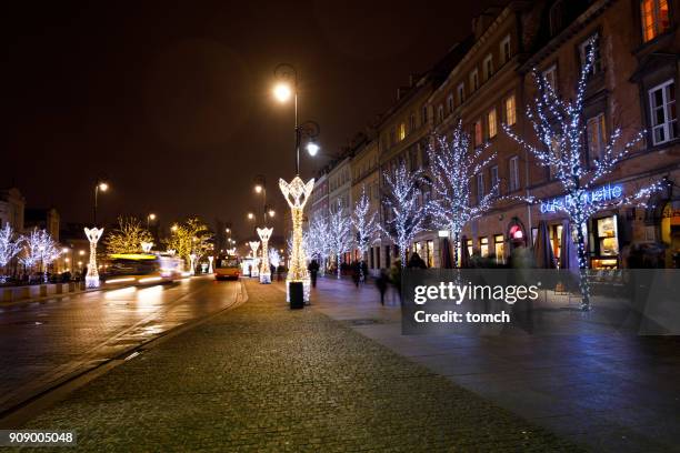 christmas illumination on warsaw streets, poland. - the gift photo exhibit stock pictures, royalty-free photos & images