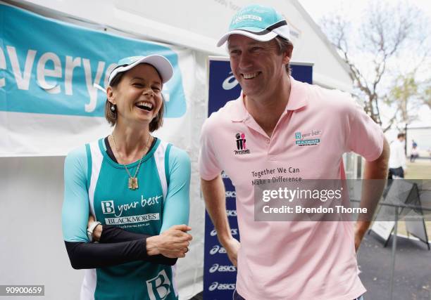 Glenn McGrath shares a joke with Antonia Kidman during a photo call ahead of Sunday's Blackmores Sydney Running Festival, welcoming the official race...