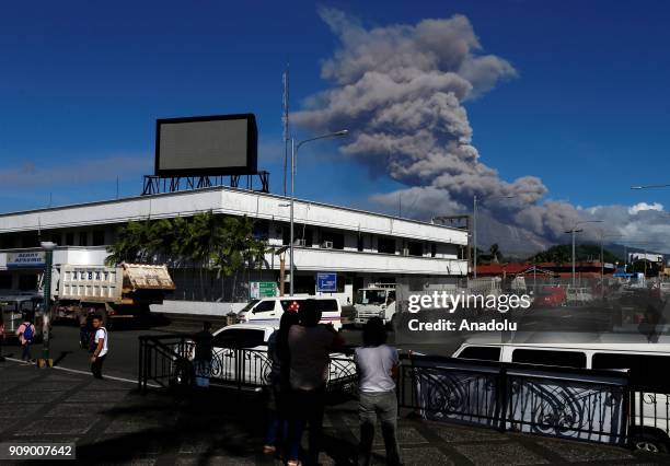 The Mayon volcano spews ash kilometers away into the air in Daraga, Albay, Philippines on January 23, 2018. Disaster officials were placed on red...