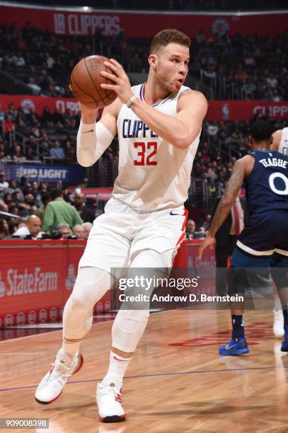 Blake Griffin of the LA Clippers handles the ball against the Minnesota Timberwolves on January 22, 2018 at STAPLES Center in Los Angeles,...