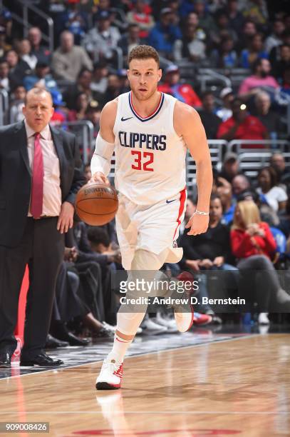 Blake Griffin of the LA Clippers handles the ball against the Minnesota Timberwolves on January 22, 2018 at STAPLES Center in Los Angeles,...