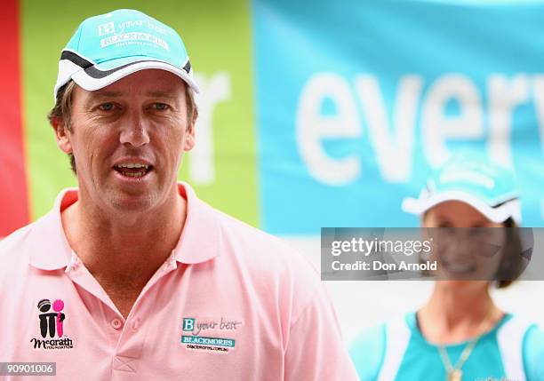 Glenn McGrath and Antonia Kidman attend a photo call ahead of Sunday's Blackmores Sydney Running Festival, welcoming the official race starter...