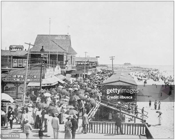 antique photograph of world's famous sites: board walk, atlantic city, new jersey - atlantic city new jersey stock illustrations