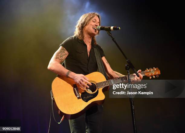 Keith Urban performs onstage during the Bobby Bones & The Raging Idiots' Million Dollar Show for St. Jude at the Ryman Auditorium on January 22, 2018...