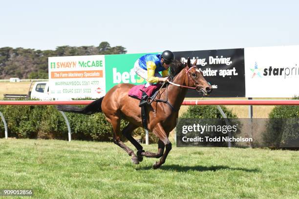 Black Heart Bart gallops after Terang Co-Op BM64 Handicap at Terang Racecourse on January 23, 2018 in Terang, Australia.