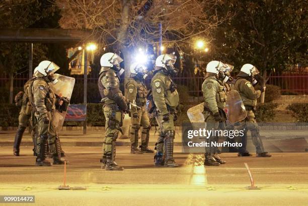 Antifa, Anarchist and Leftist groups demonstrate and fight with the police in Thessaloniki, Greece, on 22 January 2018. An antifa-occupied building...