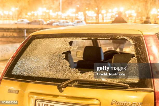 Damaged car during Leftist groups demonstration in Thessaloniki, Greece, on 22 January 2018. An antifa-occupied building torched a day before during...