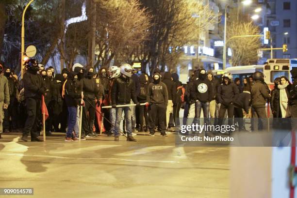 Antifa, Anarchist and Leftist groups demonstrate and fight with the police in Thessaloniki, Greece, on 22 January 2018. An antifa-occupied building...