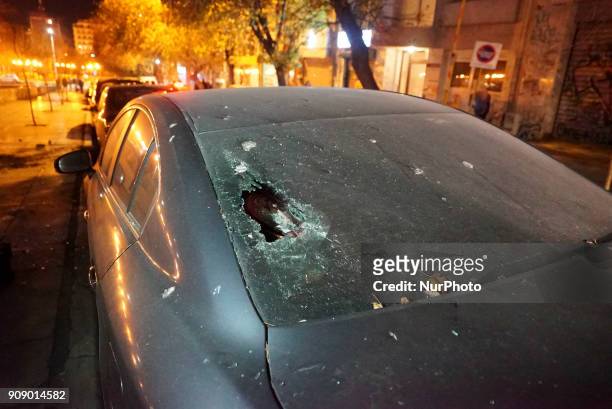 Damaged car during Leftist groups demonstration in Thessaloniki, Greece, on 22 January 2018. An antifa-occupied building torched a day before during...