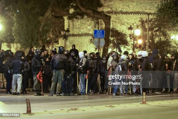 Antifa, Anarchist and Leftist groups demonstrate and fight with the police in Thessaloniki, Greece, on 22 January 2018. An antifa-occupied building...