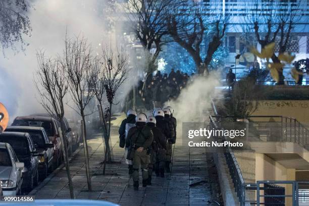 Antifa, Anarchist and Leftist groups demonstrate and fight with the police in Thessaloniki, Greece, on 22 January 2018. An antifa-occupied building...