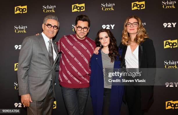 Cast members Eugene Levy, Daniel Levy, Emily Hampshire and Annie Murphy attend An Evening with the Cast of "Schitt's Creek" at 92nd Street Y on...