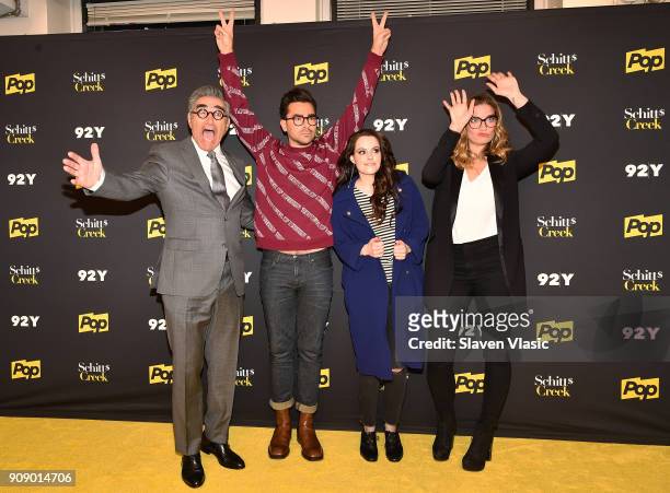 Cast members Eugene Levy, Daniel Levy, Emily Hampshire and Annie Murphy attend An Evening with the Cast of "Schitt's Creek" at 92nd Street Y on...