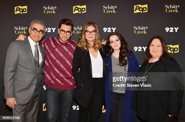 Cast members Eugene Levy, Daniel Levy, Annie Murphy and Emily Hampshire with moderator Mandi Bierly attend An Evening with the Cast of "Schitt's...