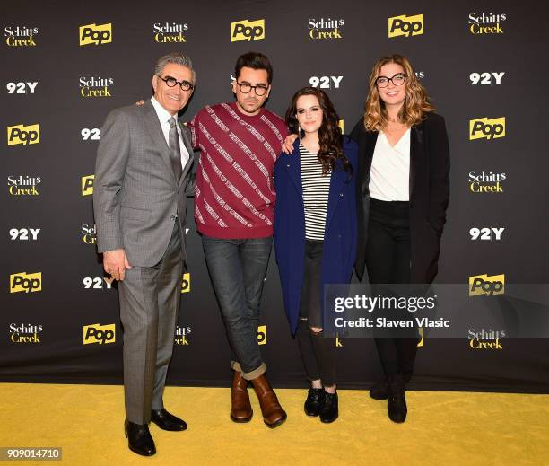 Cast members Eugene Levy, Daniel Levy, Emily Hampshire and Annie Murphy attend An Evening with the Cast of "Schitt's Creek" at 92nd Street Y on...