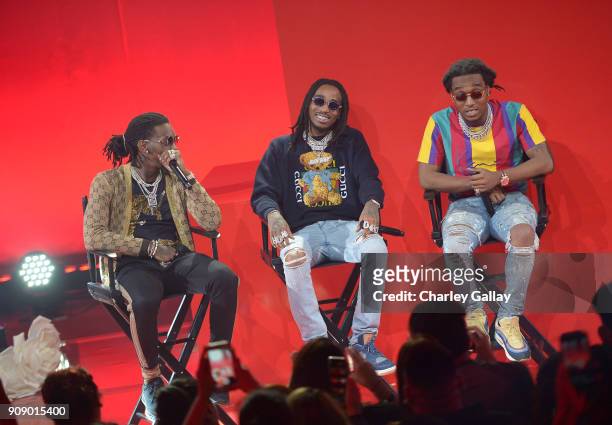 Offset, Quavo, and Takeoff of Migos speak onstage at iHeartRadio album release party with Migos presented by MAGNUM Large Size Condoms at iHeartRadio...
