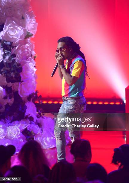 Takeoff of Migos performs onstage at iHeartRadio album release party with Migos presented by MAGNUM Large Size Condoms at iHeartRadio Theater on...