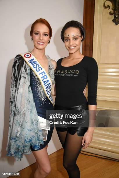 Miss France 2018 Maeva Couke and Miss France 2017 Alicia Aylies attend the On Aura Tout Vu Haute Couture Spring Summer 2018 show as part of Paris...