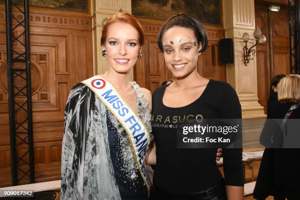 Miss France 2018 Maeva Couke and Miss France 2017 Alicia Aylies attend the On Aura Tout Vu Haute Couture Spring Summer 2018 show as part of Paris...