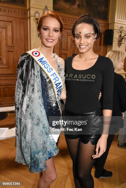 Miss France 2018 Maeva Couke and Miss France 2017 Alicia Aylies attend the On Aura Tout Vu Haute Couture Spring Summer 2018 show as part of Paris...