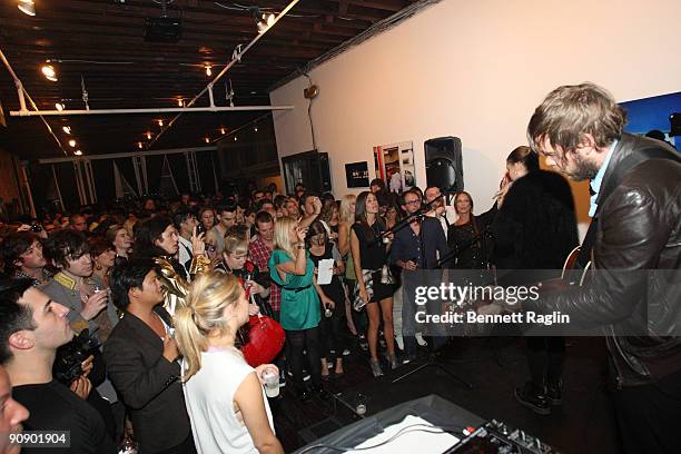 Recording artist Lykke Li and Bjorn Yttling performs at "Photopass: A Medium Format" exhibition by Aaron Stern at Studio 385 on September 17, 2009 in...