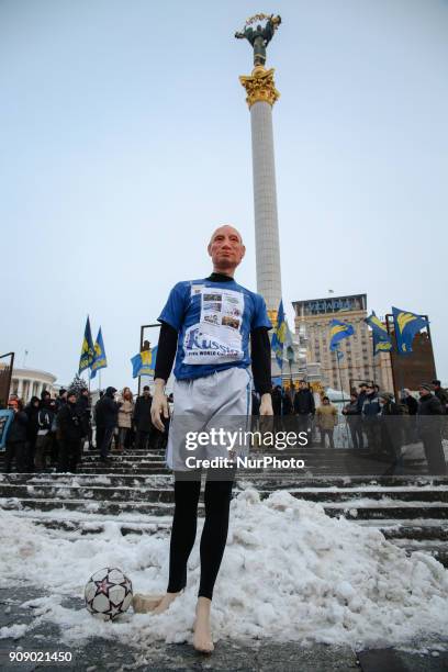 Mannequin depicting Russian President Vladimir Putin dressed in a football uniform, during the &quot;Stop Putin. Stop war&quot; rally and &quot;Kick...