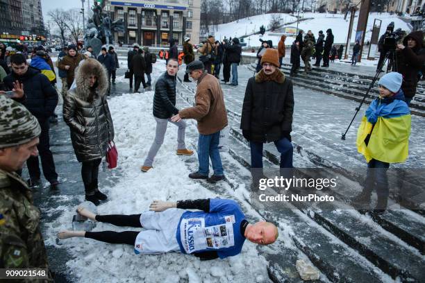 Mannequin depicting Russian President Vladimir Putin dressed in a football uniform, during the &quot;Stop Putin. Stop war&quot; rally and &quot;Kick...