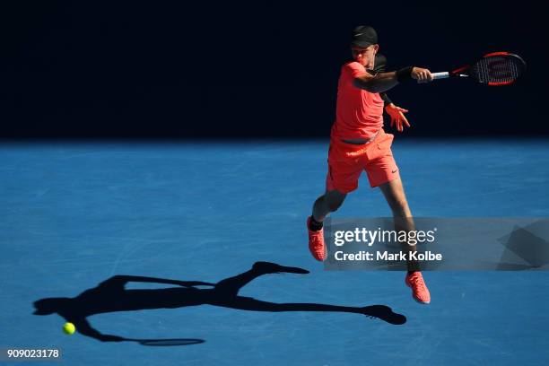 Kyle Edmund of Great Britain plays a forehand in his quarter-final match against Grigor Dimitrov of Bulgaria on day nine of the 2018 Australian Open...