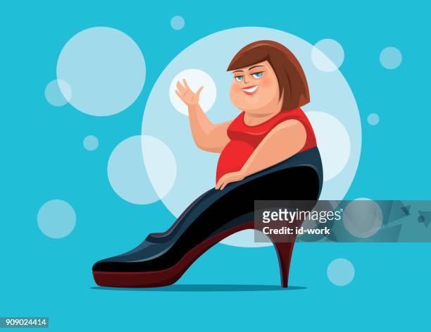 ilustrações, clipart, desenhos animados e ícones de mulher gorda, acenando com o grande salto alto - fat female cartoon characters