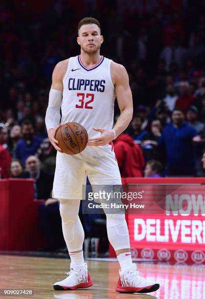 Blake Griffin of the LA Clippers reacts to his double dribble in the last minute of the fourth quarter during a 126-118 loss to the Minnesota...