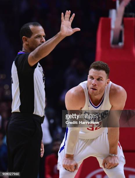 Blake Griffin of the LA Clippers reacts as he is given a technical foul during a 126-118 loss to the Minnesota Timberwolves at Staples Center on...