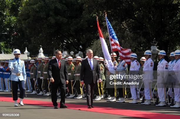 Secretary of Defense James Mattis is welcomed by Indonesian Defense Minister Ryamizard Ryacudu during an official ceremony at Ministry of Defense...