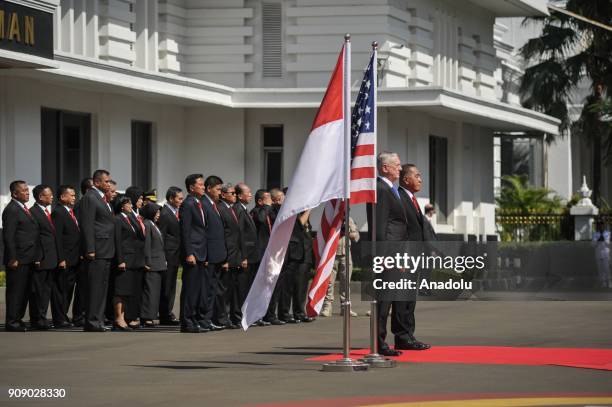 Secretary of Defense James Mattis is welcomed by Indonesian Defense Minister Ryamizard Ryacudu during an official ceremony at Ministry of Defense...