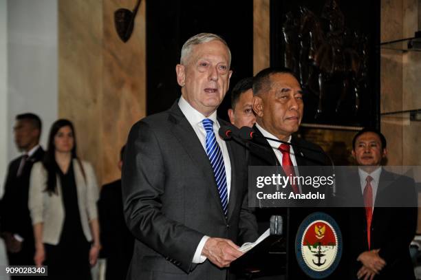 Secretary of Defense James Mattis and Indonesian Defense Minister Ryamizard Ryacudu hold a joint press conference after their meeting at Ministry of...