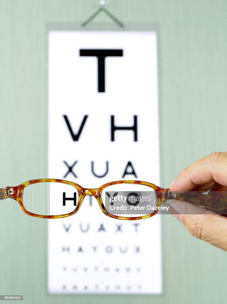 Eye test chart with glasses.