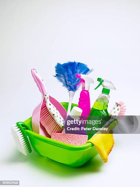 cleaning materials in bowl including, mop, dustpan - washing tub stockfoto's en -beelden