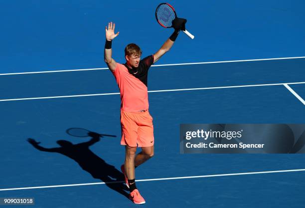 Kyle Edmund of Great Britain celebrates winning match point in his quarter-final match against Grigor Dimitrov of Bulgaria on day nine of the 2018...