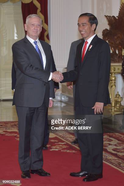 Indonesia's President Joko Widodo shakes hands with US Secretary of Defense Jim Mattis prior to their meeting at the presidential palace in Jakarta...