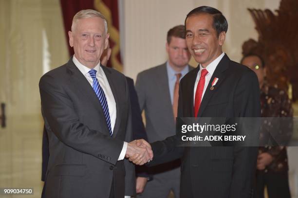 Indonesia's President Joko Widodo shakes hands with US Secretary of Defense Jim Mattis prior to their meeting at the presidential palace in Jakarta...