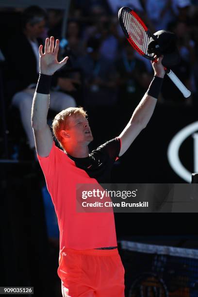 Kyle Edmund of Great Britain celebrates winning his quarter-final match against Grigor Dimitrov of Bulgaria on day nine of the 2018 Australian Open...