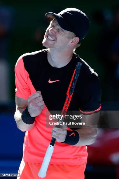 Kyle Edmund of Great Britain celebrates winning match point in his quarter-final match against Grigor Dimitrov of Bulgaria on day nine of the 2018...
